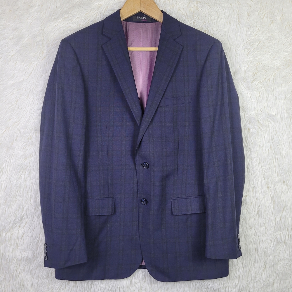 Tiglio Luxe Navy Blue Porto Slim Fit Check Di Biella Wool Blazer 42R